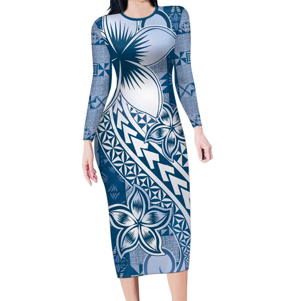 Tonga Kupesi Ngatu Long Sleeve Bodycon Dress Vintage Blue Plumeria LT05 Long Dress Blue - Polynesian Pride