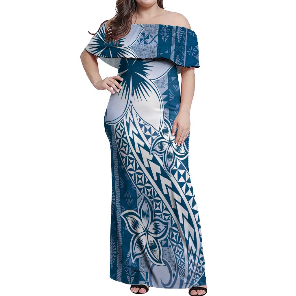 Tonga Kupesi Ngatu Off Shoulder Maxi Dress Vintage Blue Plumeria LT05 Women Blue - Polynesian Pride