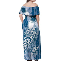 Tonga Kupesi Ngatu Off Shoulder Maxi Dress Vintage Blue Plumeria LT05 - Polynesian Pride