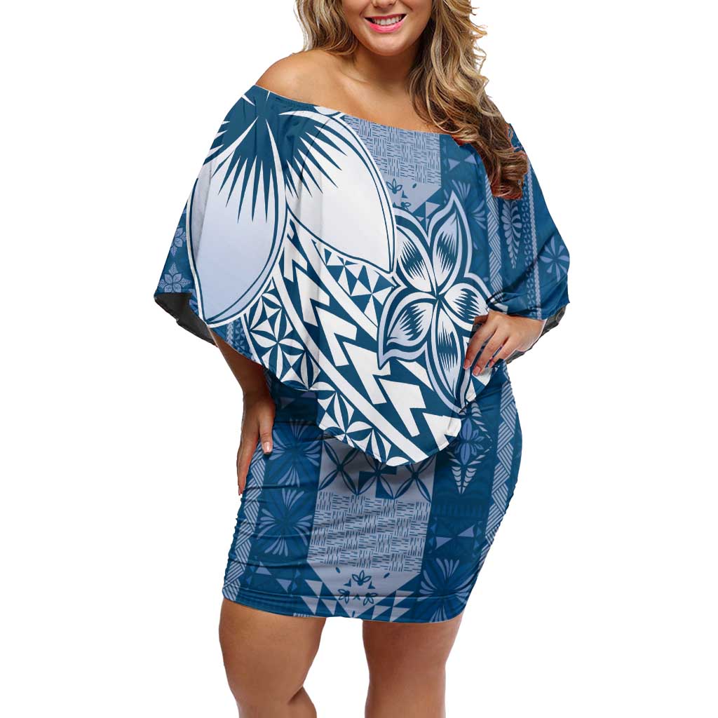Tonga Kupesi Ngatu Off Shoulder Short Dress Vintage Blue Plumeria LT05 Women Blue - Polynesian Pride