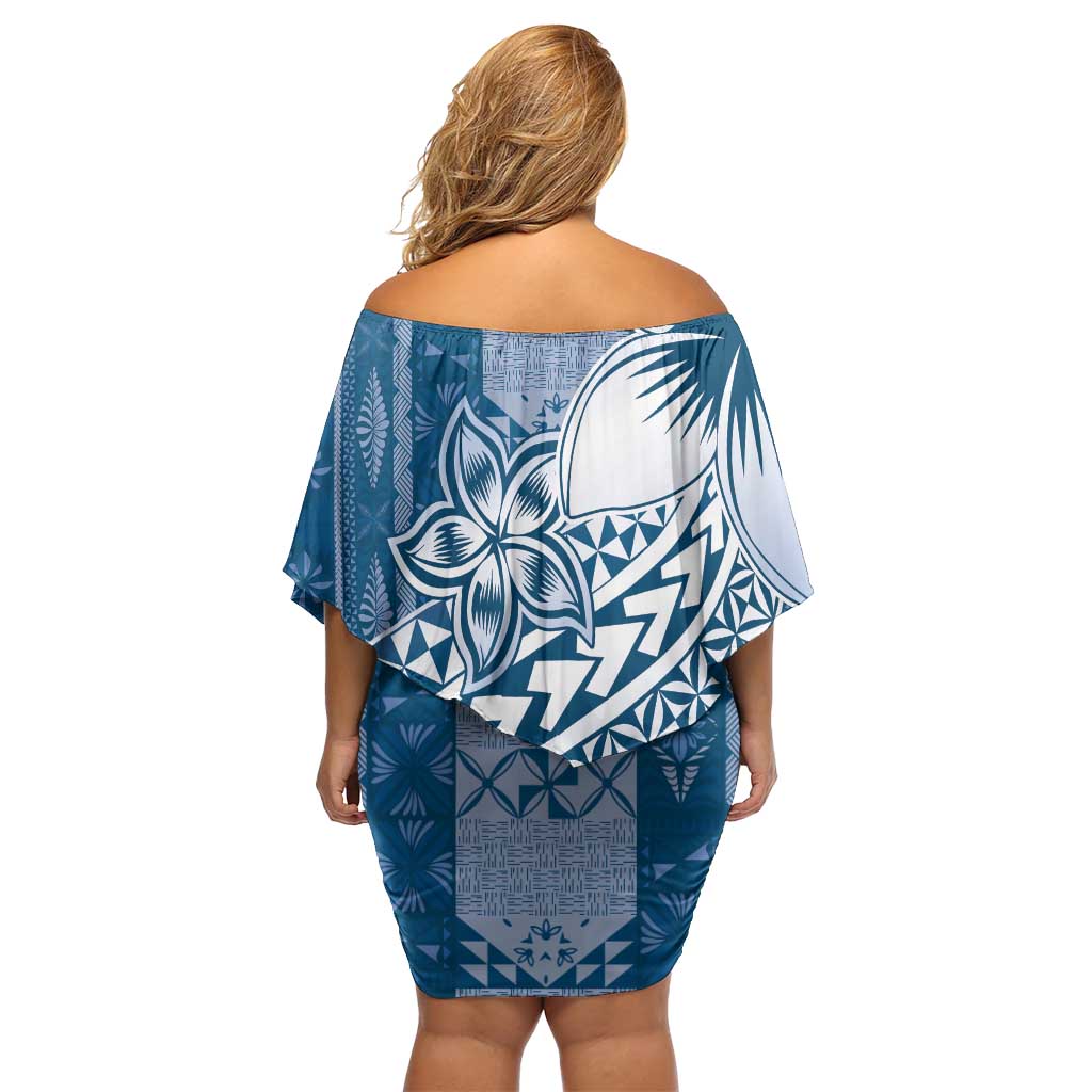 Tonga Kupesi Ngatu Off Shoulder Short Dress Vintage Blue Plumeria LT05 - Polynesian Pride