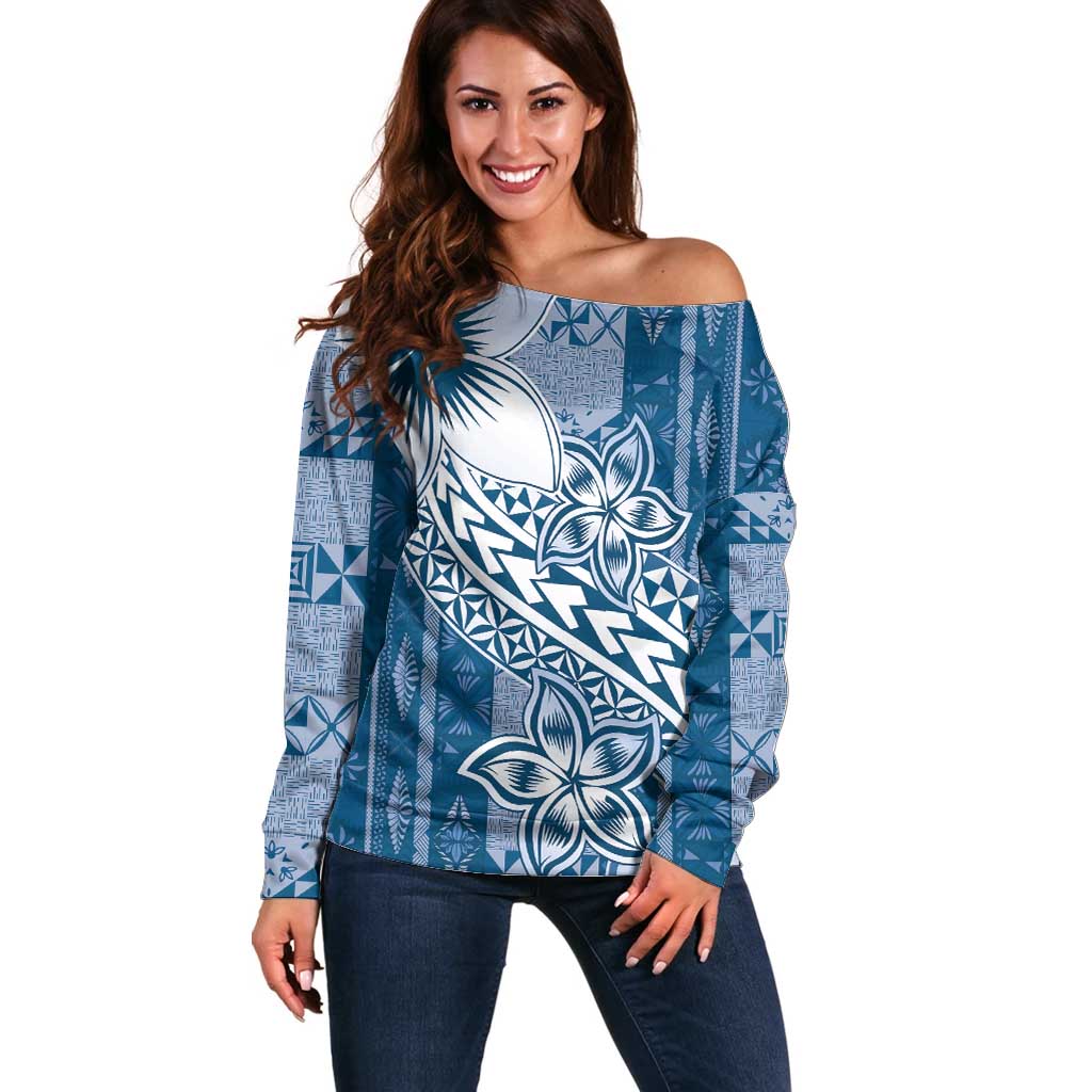Tonga Kupesi Ngatu Off Shoulder Sweater Vintage Blue Plumeria LT05 Women Blue - Polynesian Pride