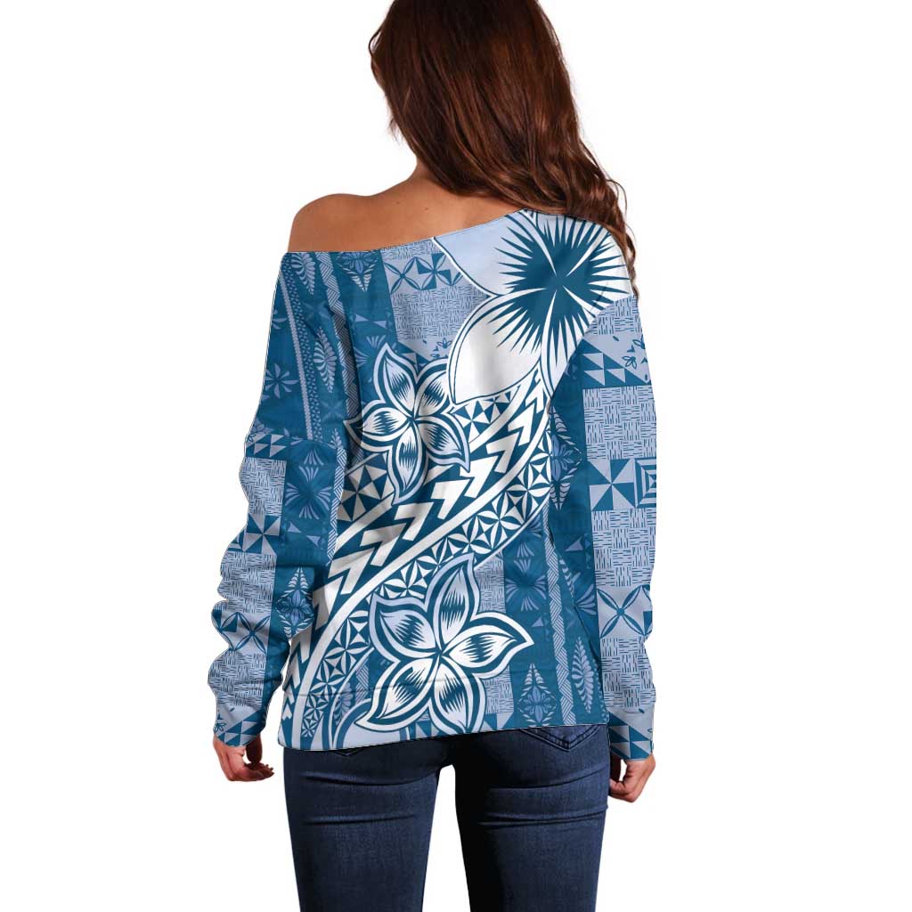 Tonga Kupesi Ngatu Off Shoulder Sweater Vintage Blue Plumeria LT05 - Polynesian Pride
