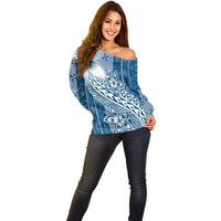 Tonga Kupesi Ngatu Off Shoulder Sweater Vintage Blue Plumeria LT05 - Polynesian Pride