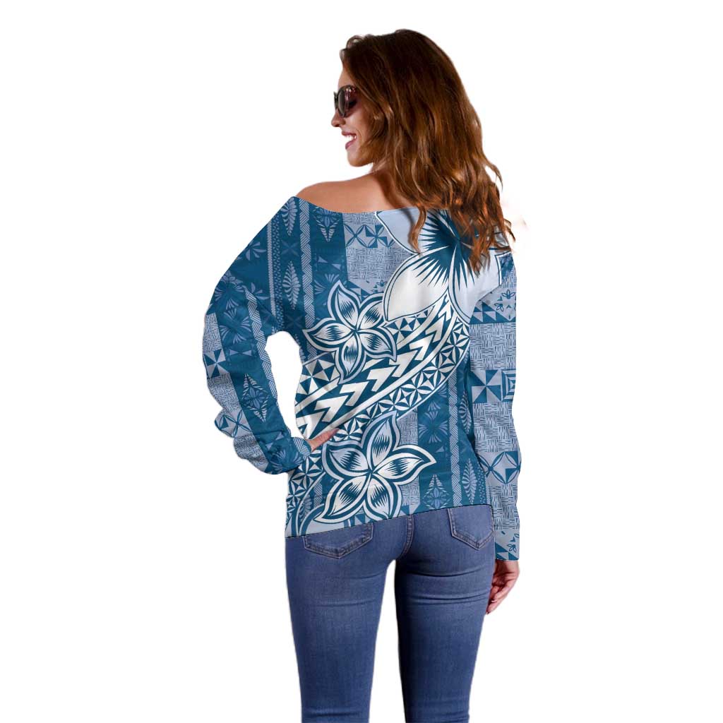 Tonga Kupesi Ngatu Off Shoulder Sweater Vintage Blue Plumeria LT05 - Polynesian Pride