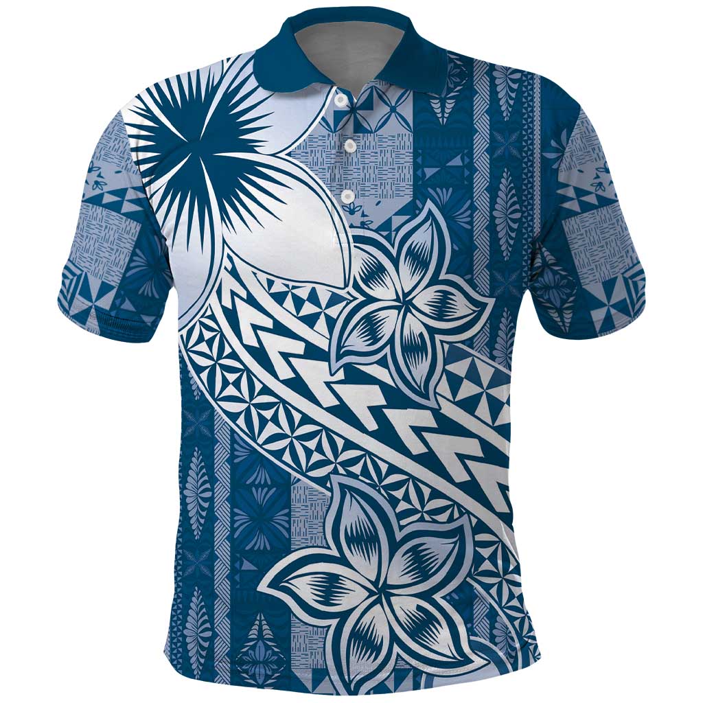 Tonga Kupesi Ngatu Polo Shirt Vintage Blue Plumeria LT05 Blue - Polynesian Pride