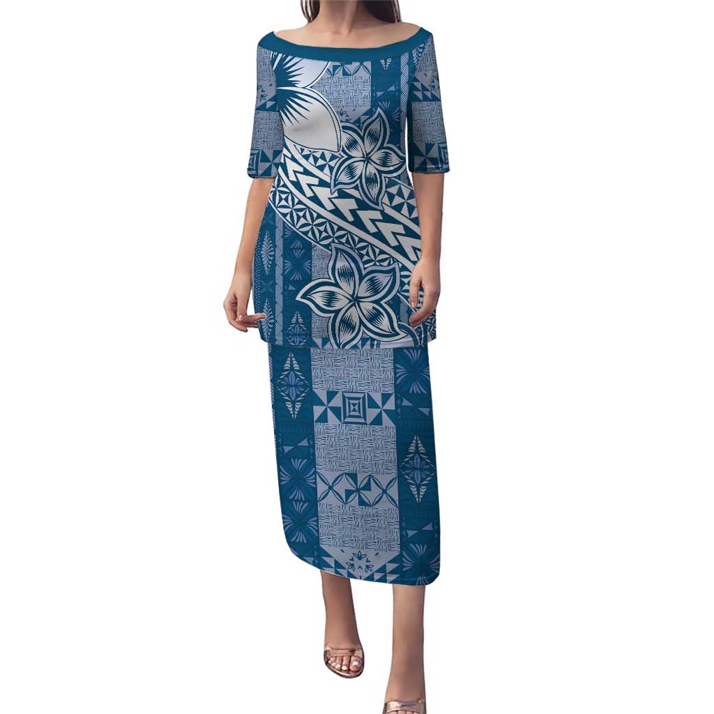 Tonga Kupesi Ngatu Puletasi Vintage Blue Plumeria LT05 Long Dress Blue - Polynesian Pride