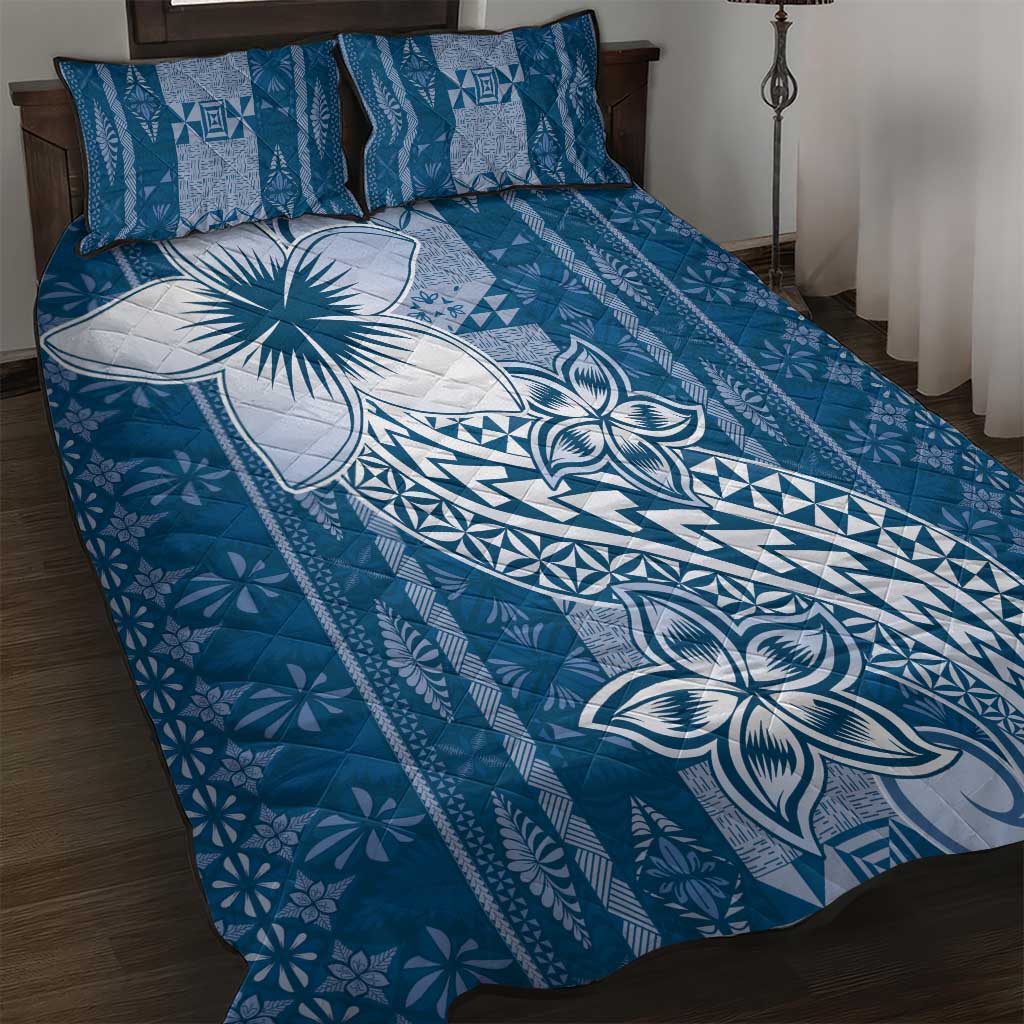 Tonga Kupesi Ngatu Quilt Bed Set Vintage Blue Plumeria LT05 Blue - Polynesian Pride