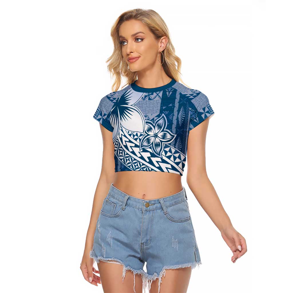 Tonga Kupesi Ngatu Raglan Cropped T Shirt Vintage Blue Plumeria LT05 Female Blue - Polynesian Pride