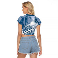 Tonga Kupesi Ngatu Raglan Cropped T Shirt Vintage Blue Plumeria LT05 - Polynesian Pride