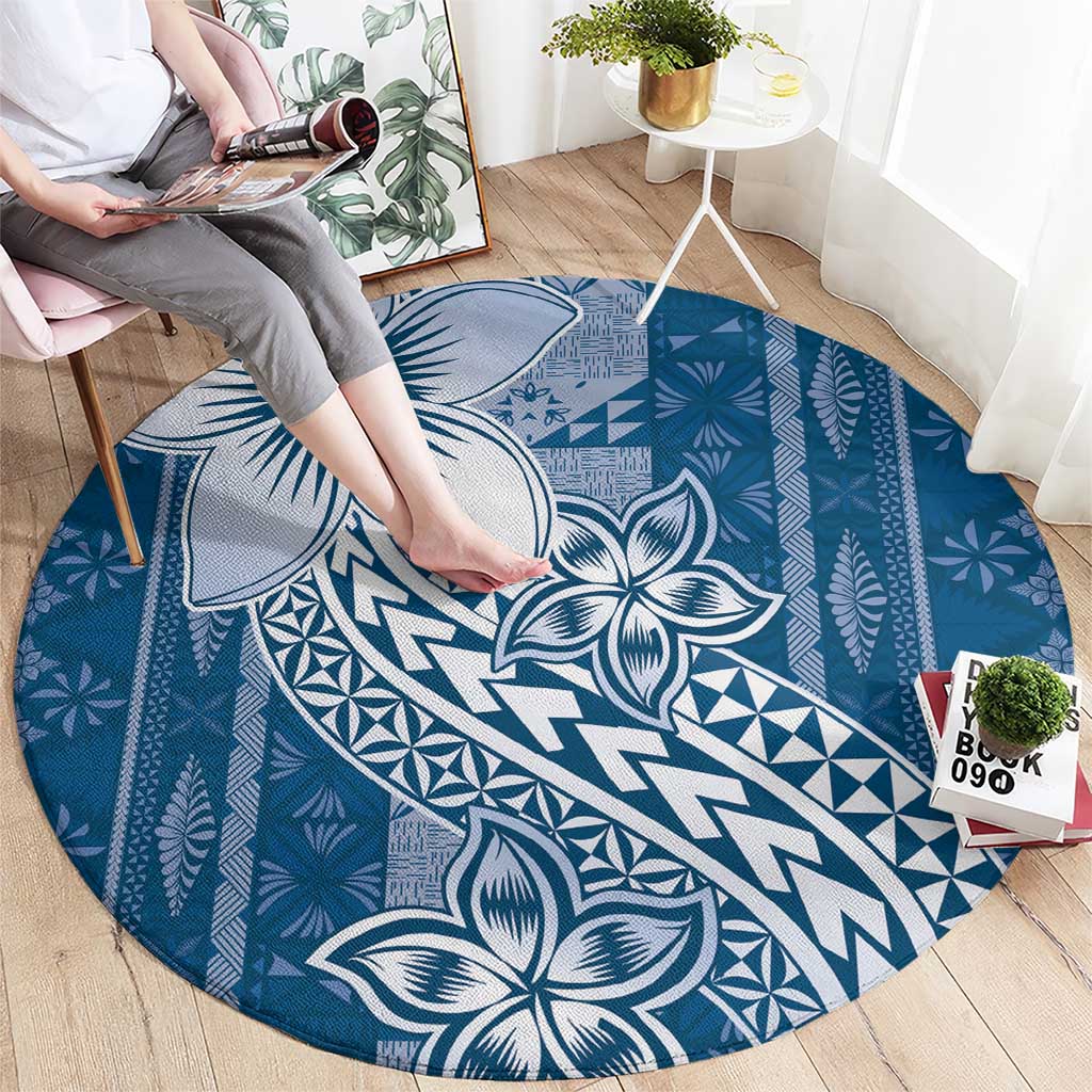 Tonga Kupesi Ngatu Round Carpet Vintage Blue Plumeria LT05 - Polynesian Pride