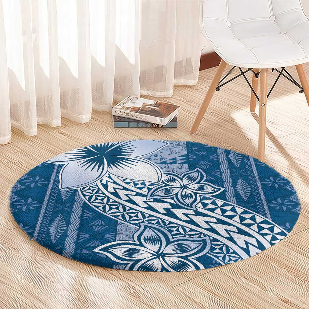 Tonga Kupesi Ngatu Round Carpet Vintage Blue Plumeria LT05 - Polynesian Pride