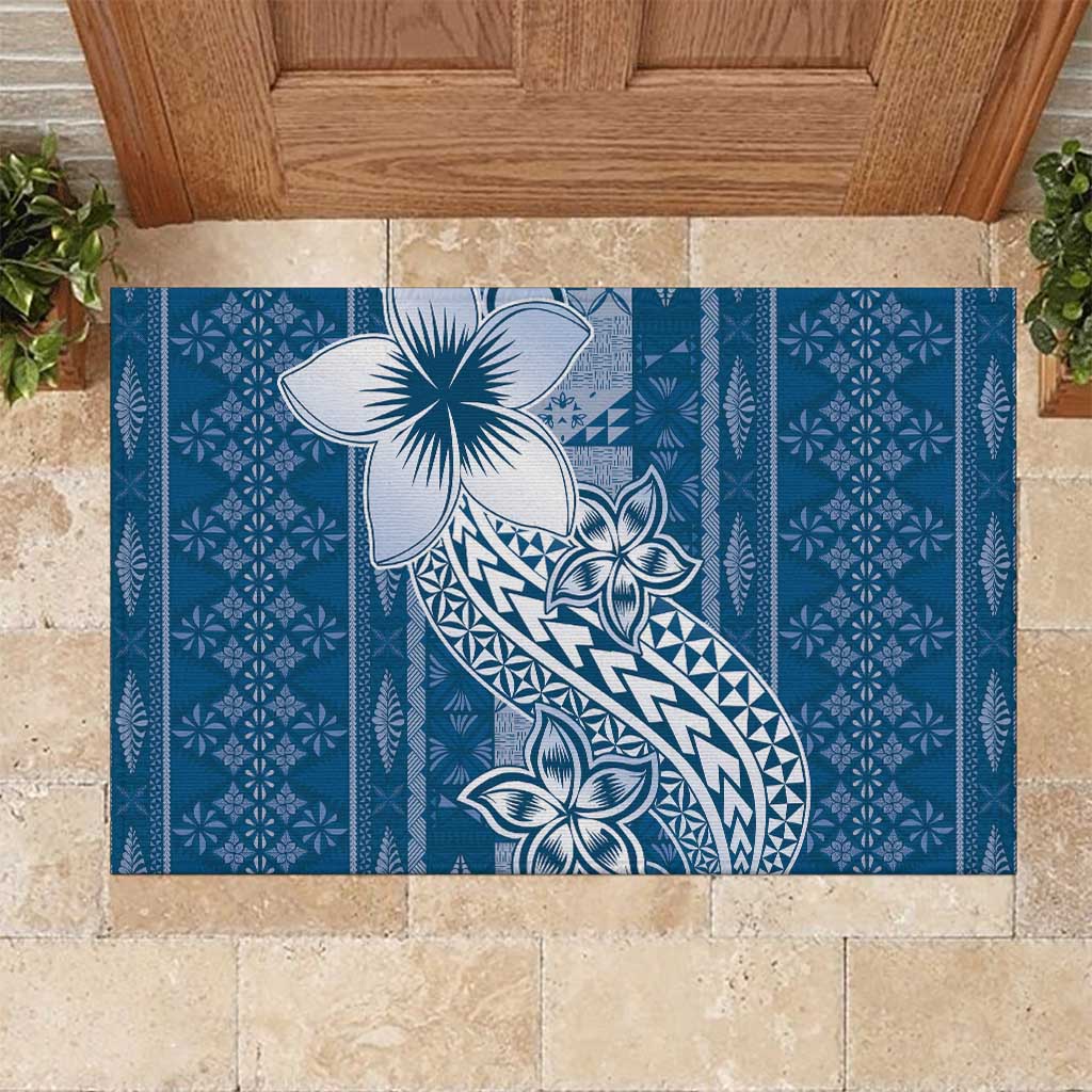 Tonga Kupesi Ngatu Rubber Doormat Vintage Blue Plumeria LT05 Blue - Polynesian Pride