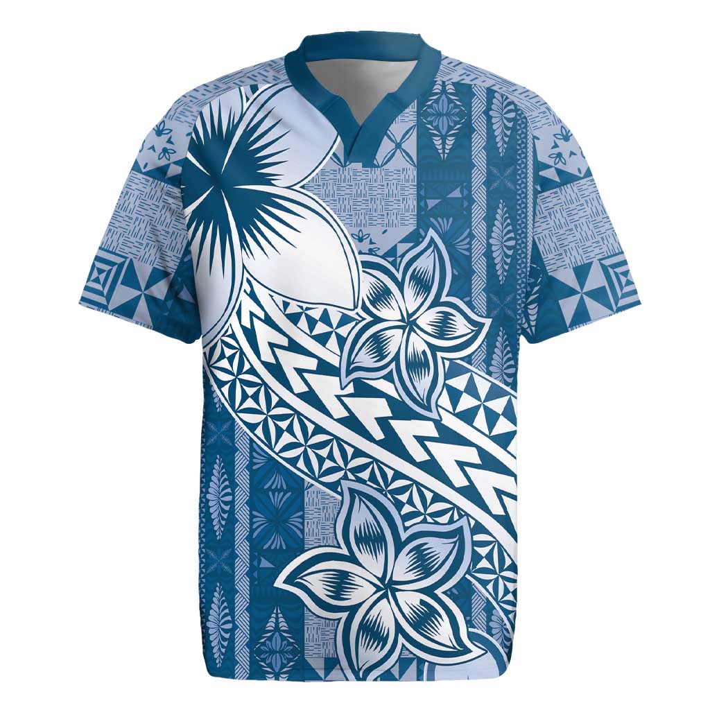 Tonga Kupesi Ngatu Rugby Jersey Vintage Blue Plumeria LT05 Blue - Polynesian Pride
