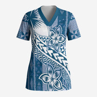 Tonga Kupesi Ngatu Scrub Top Vintage Blue Plumeria LT05 Adult Blue - Polynesian Pride