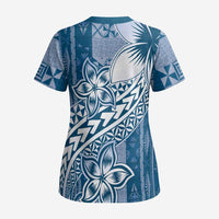 Tonga Kupesi Ngatu Scrub Top Vintage Blue Plumeria LT05 - Polynesian Pride
