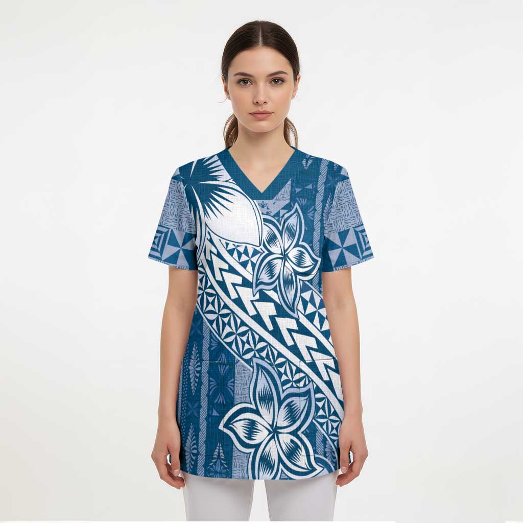 Tonga Kupesi Ngatu Scrub Top Vintage Blue Plumeria LT05 - Polynesian Pride