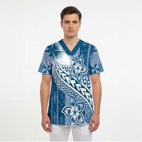 Tonga Kupesi Ngatu Scrub Top Vintage Blue Plumeria LT05 - Polynesian Pride