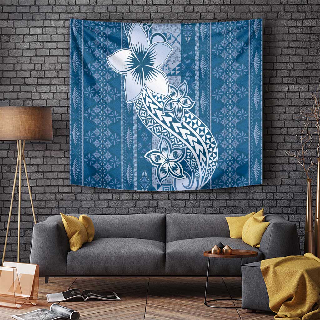 Tonga Kupesi Ngatu Tapestry Vintage Blue Plumeria LT05 Blue - Polynesian Pride