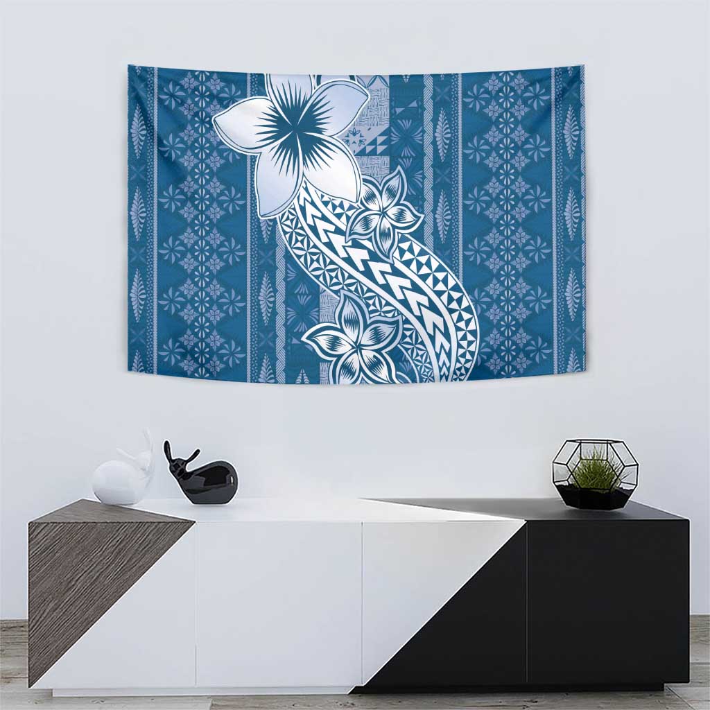 Tonga Kupesi Ngatu Tapestry Vintage Blue Plumeria LT05 - Polynesian Pride