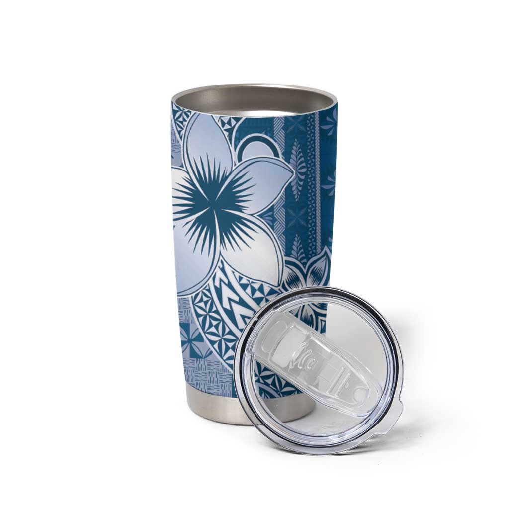 Tonga Kupesi Ngatu Tumbler Cup Vintage Blue Plumeria LT05 - Polynesian Pride