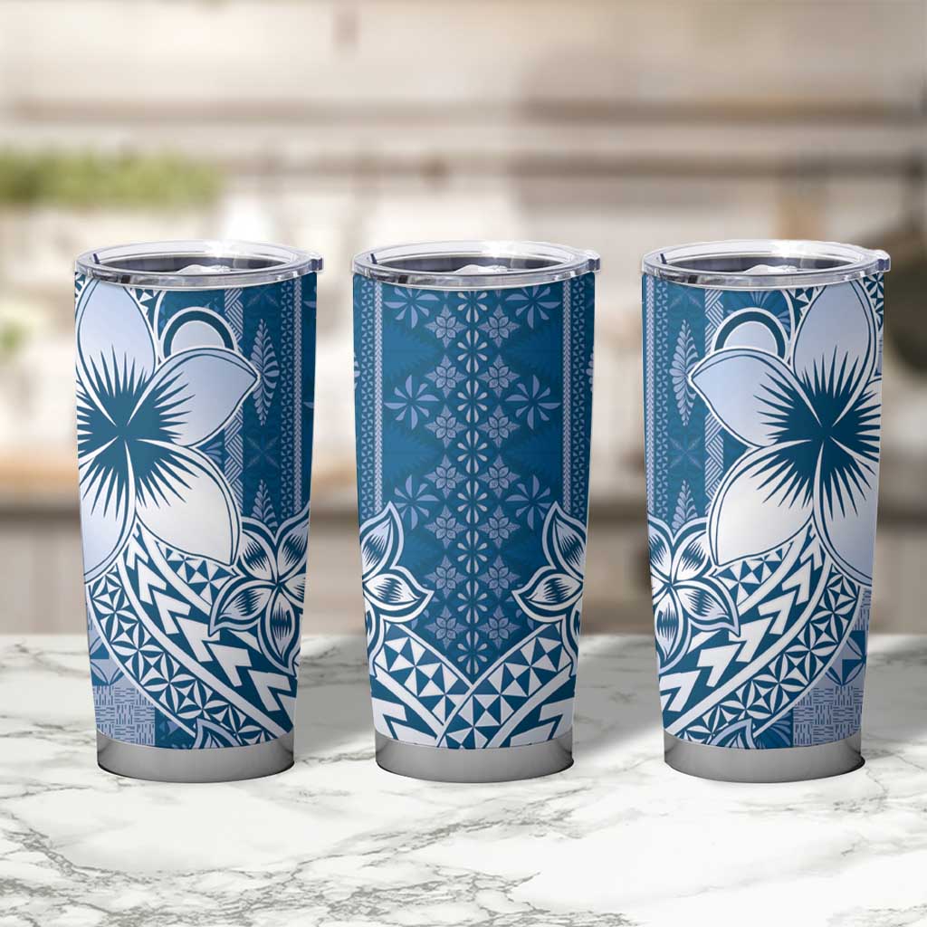Tonga Kupesi Ngatu Tumbler Cup Vintage Blue Plumeria LT05 - Polynesian Pride