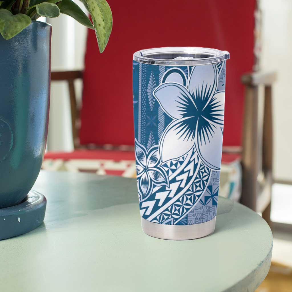 Tonga Kupesi Ngatu Tumbler Cup Vintage Blue Plumeria LT05 - Polynesian Pride