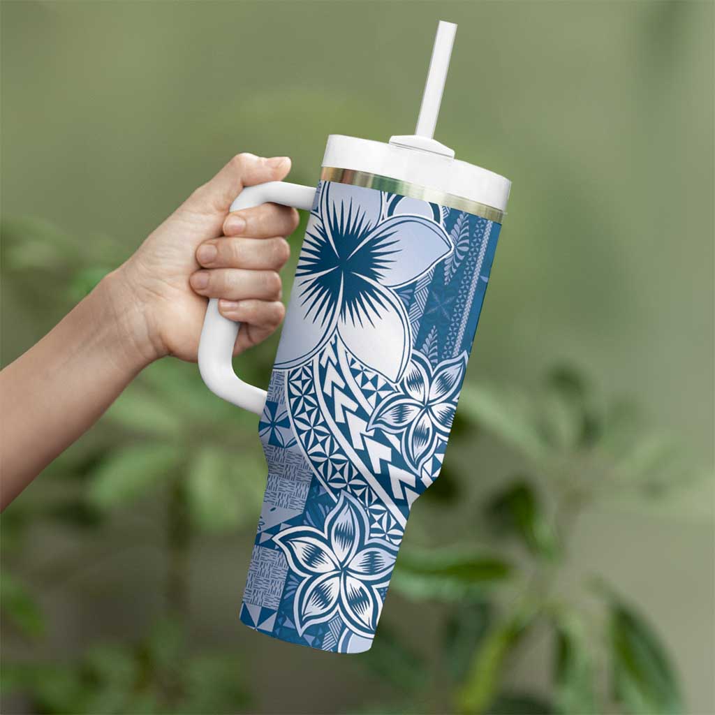 Tonga Kupesi Ngatu Tumbler With Handle Vintage Blue Plumeria LT05 - Polynesian Pride