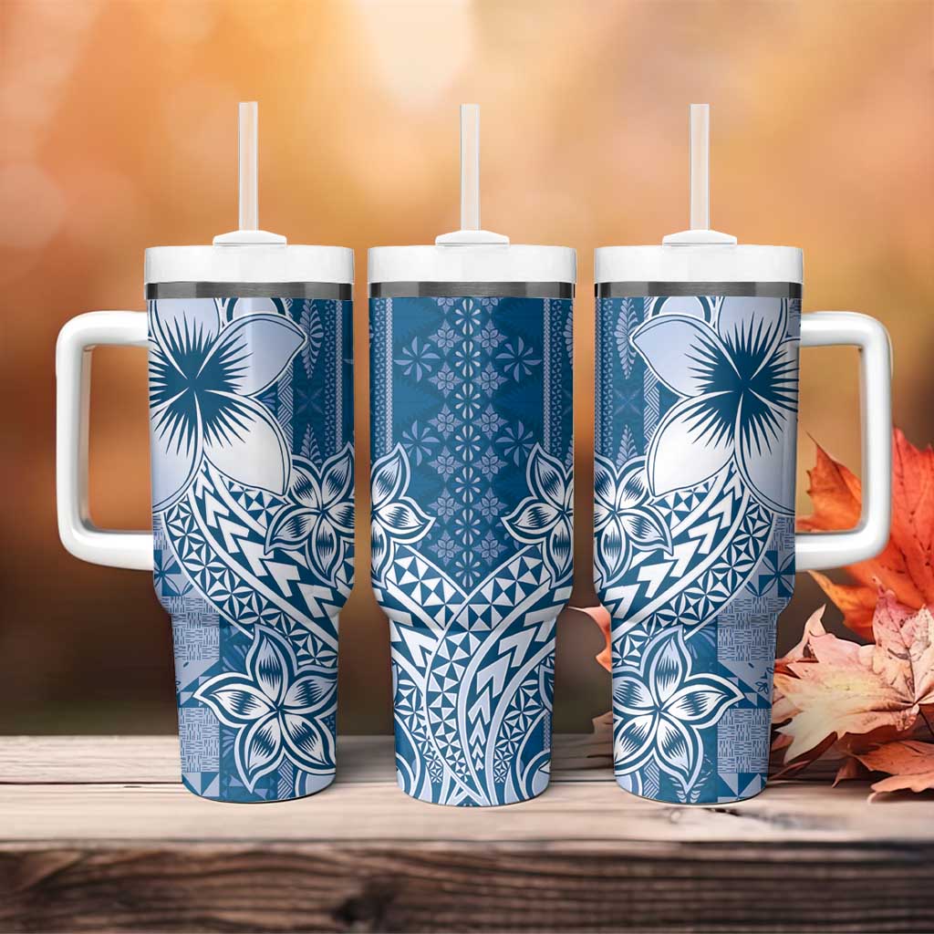Tonga Kupesi Ngatu Tumbler With Handle Vintage Blue Plumeria LT05 - Polynesian Pride