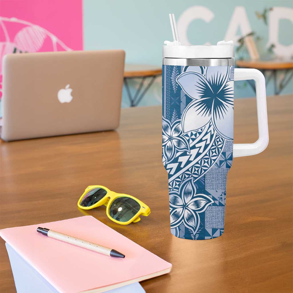 Tonga Kupesi Ngatu Tumbler With Handle Vintage Blue Plumeria LT05 - Polynesian Pride