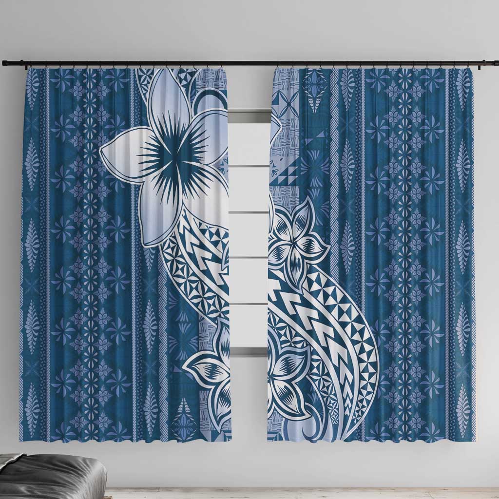 Tonga Kupesi Ngatu Window Curtain Vintage Blue Plumeria LT05 With Hooks Blue - Polynesian Pride