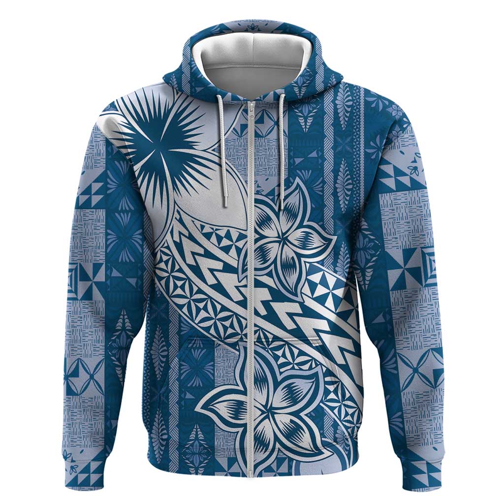 Tonga Kupesi Ngatu Zip Hoodie Vintage Blue Plumeria LT05 Zip Hoodie Blue - Polynesian Pride