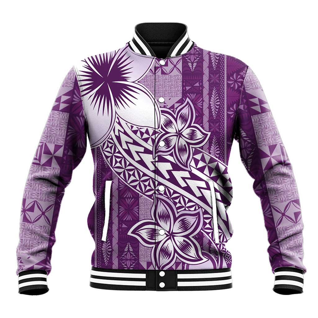 Tonga Kupesi Ngatu Baseball Jacket Vintage Purple Plumeria LT05 Unisex Purple - Polynesian Pride