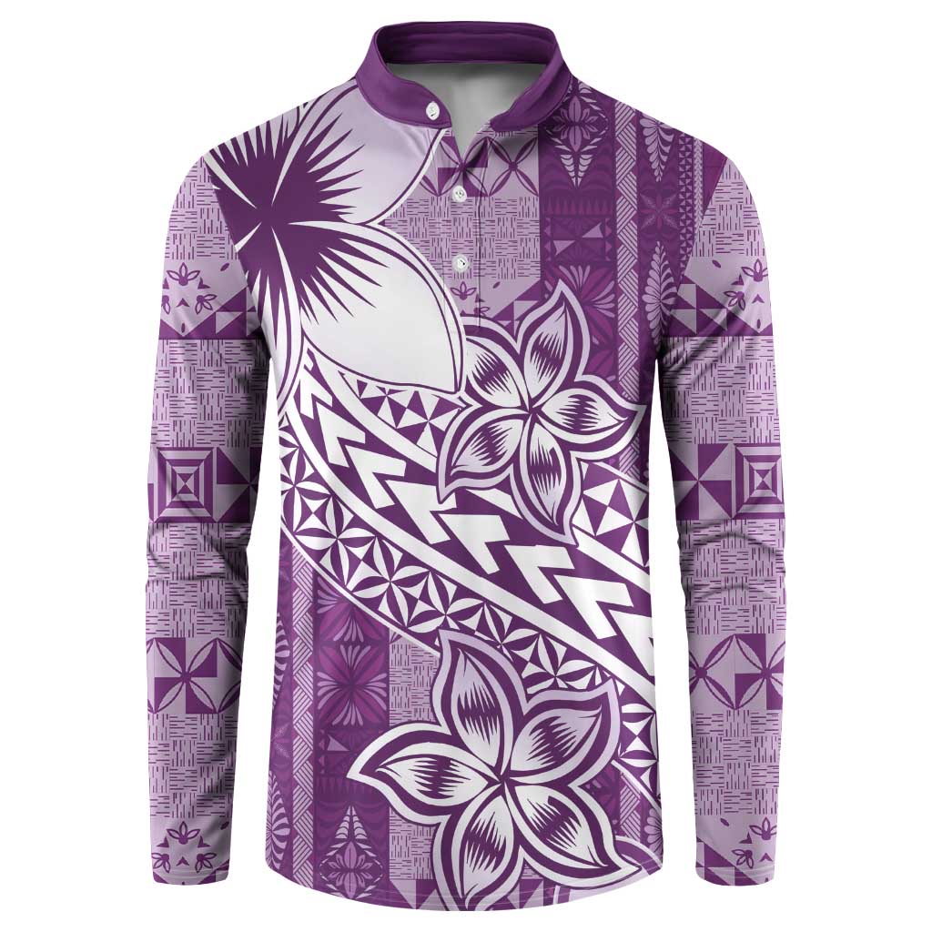 Tonga Kupesi Ngatu Button Sweatshirt Vintage Purple Plumeria LT05 Purple - Polynesian Pride
