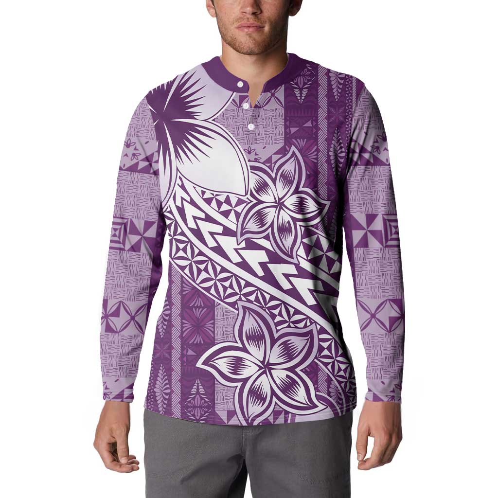 Tonga Kupesi Ngatu Button Sweatshirt Vintage Purple Plumeria LT05 - Polynesian Pride