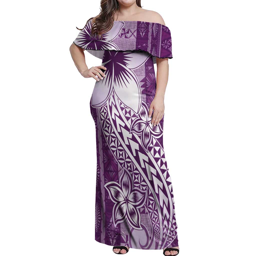 Tonga Kupesi Ngatu Off Shoulder Maxi Dress Vintage Purple Plumeria LT05 Women Purple - Polynesian Pride