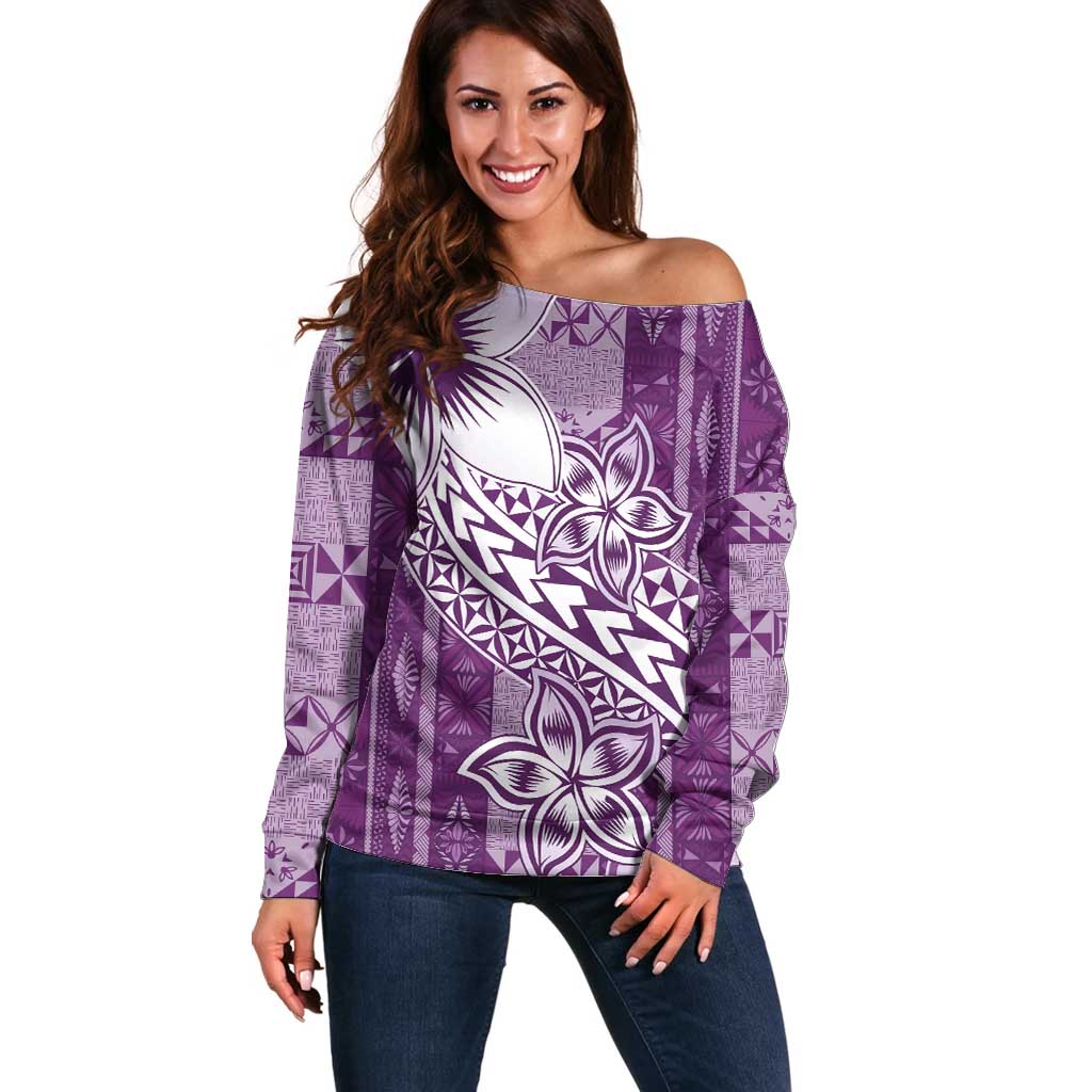 Tonga Kupesi Ngatu Off Shoulder Sweater Vintage Purple Plumeria LT05 Women Purple - Polynesian Pride