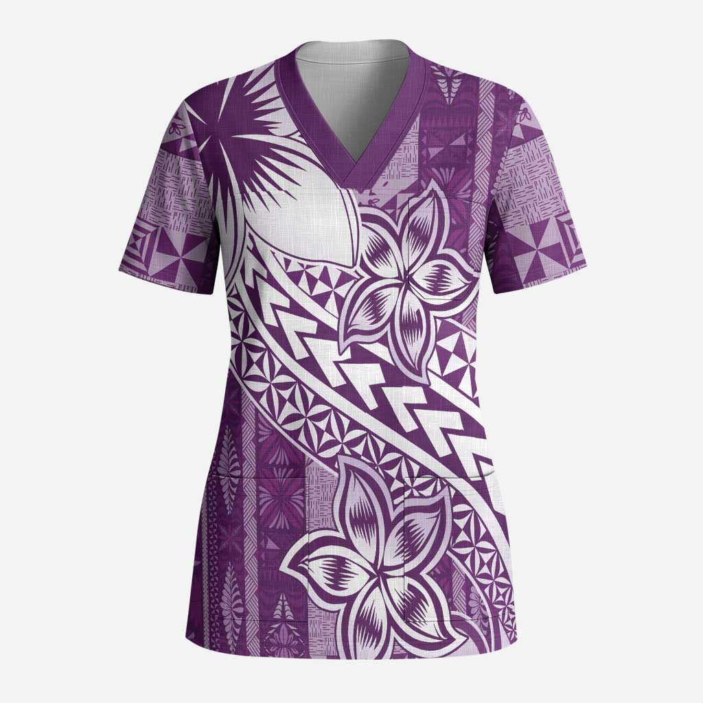 Tonga Kupesi Ngatu Scrub Top Vintage Purple Plumeria LT05 Adult Purple - Polynesian Pride