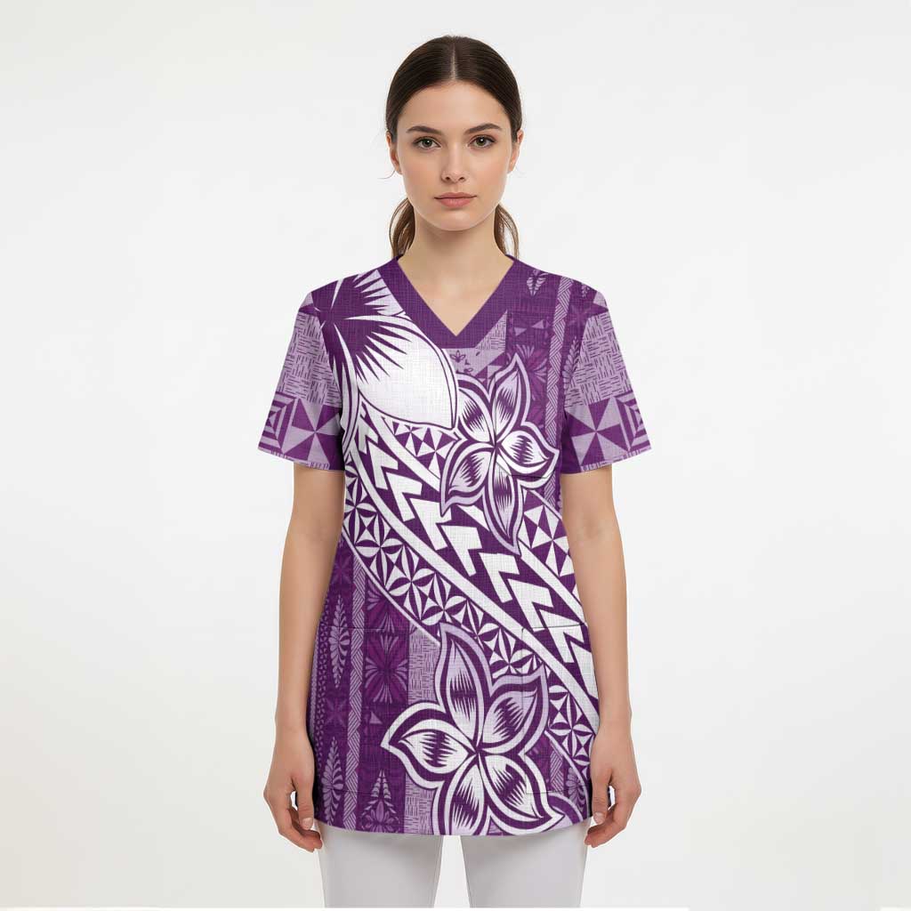 Tonga Kupesi Ngatu Scrub Top Vintage Purple Plumeria LT05 - Polynesian Pride