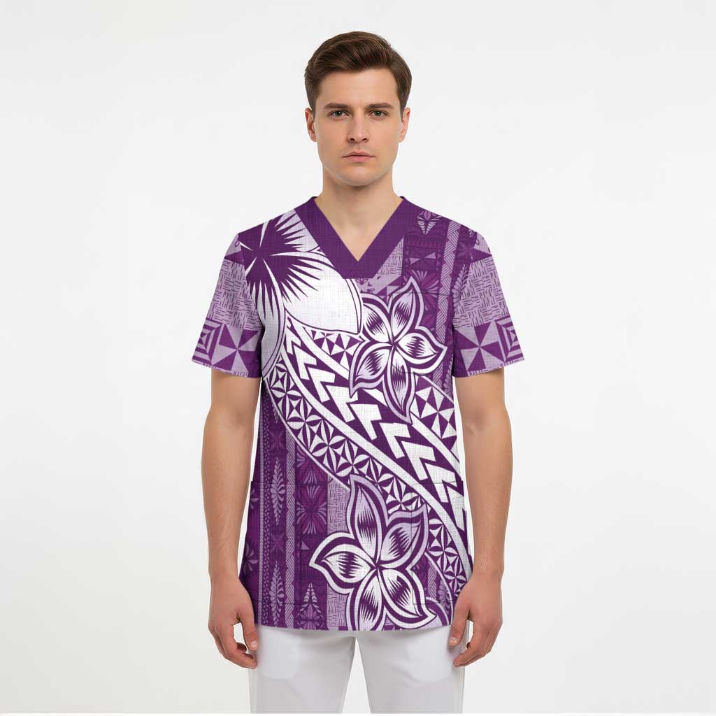Tonga Kupesi Ngatu Scrub Top Vintage Purple Plumeria LT05 - Polynesian Pride