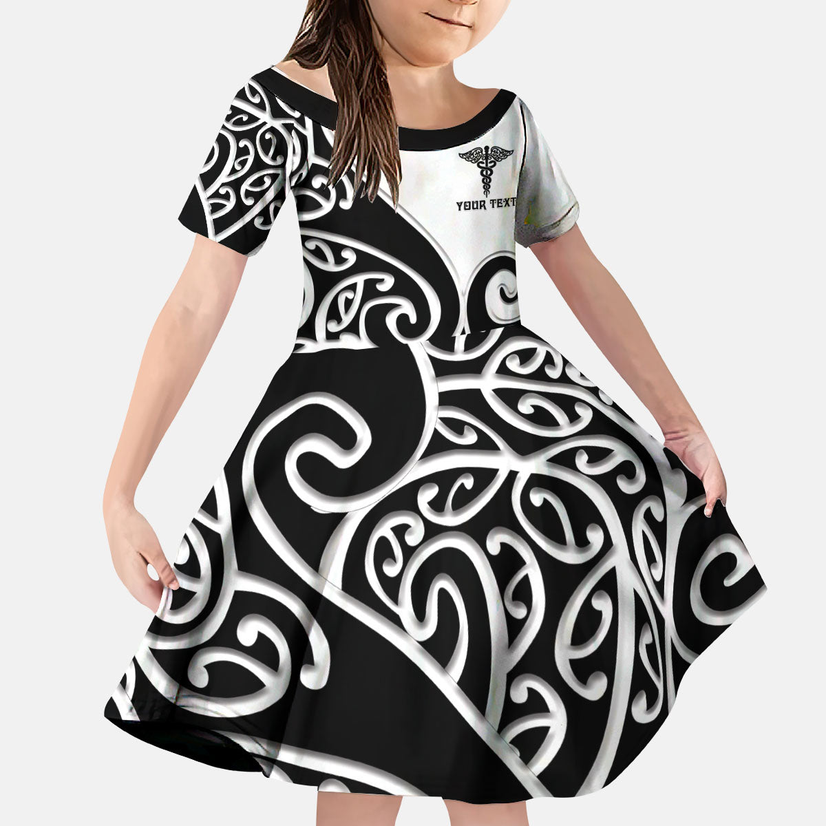 Personalised New Zealand Nurse Kid Short Sleeve Dress Maori Koru Black Version LT05 KID Black - Polynesian Pride