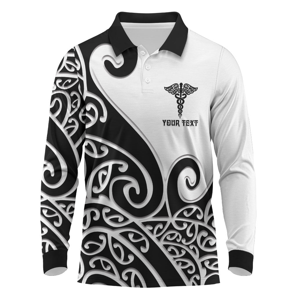 Personalised New Zealand Nurse Long Sleeve Polo Shirt Maori Koru Black Version LT05 Black - Polynesian Pride