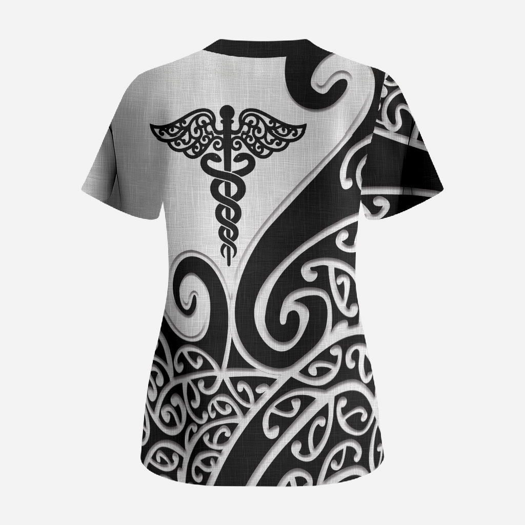 Personalised New Zealand Nurse Scrub Top Maori Koru Black Version LT05 - Polynesian Pride