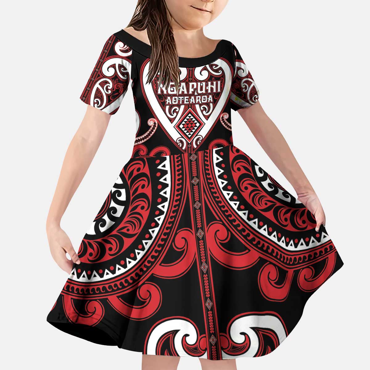 Custom Aotearoa Ngapuhi Kid Short Sleeve Dress Maori Tribal Pattern LT05 KID Red - Polynesian Pride