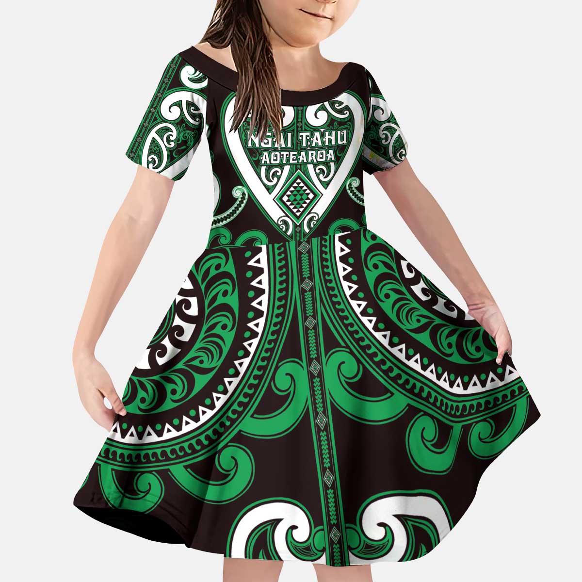 Custom Aotearoa Ngai Tahu Kid Short Sleeve Dress Maori Tribal Pattern LT05 KID Green - Polynesian Pride