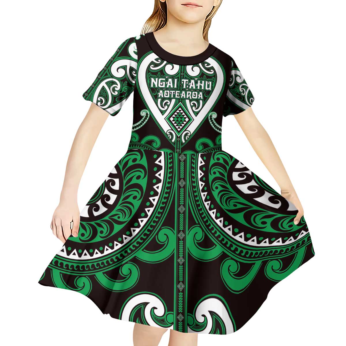 Custom Aotearoa Ngai Tahu Kid Short Sleeve Dress Maori Tribal Pattern LT05 - Polynesian Pride