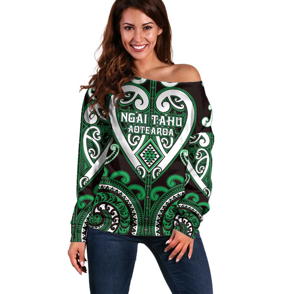 Custom Aotearoa Ngai Tahu Off Shoulder Sweater Maori Tribal Pattern LT05 Women Green - Polynesian Pride