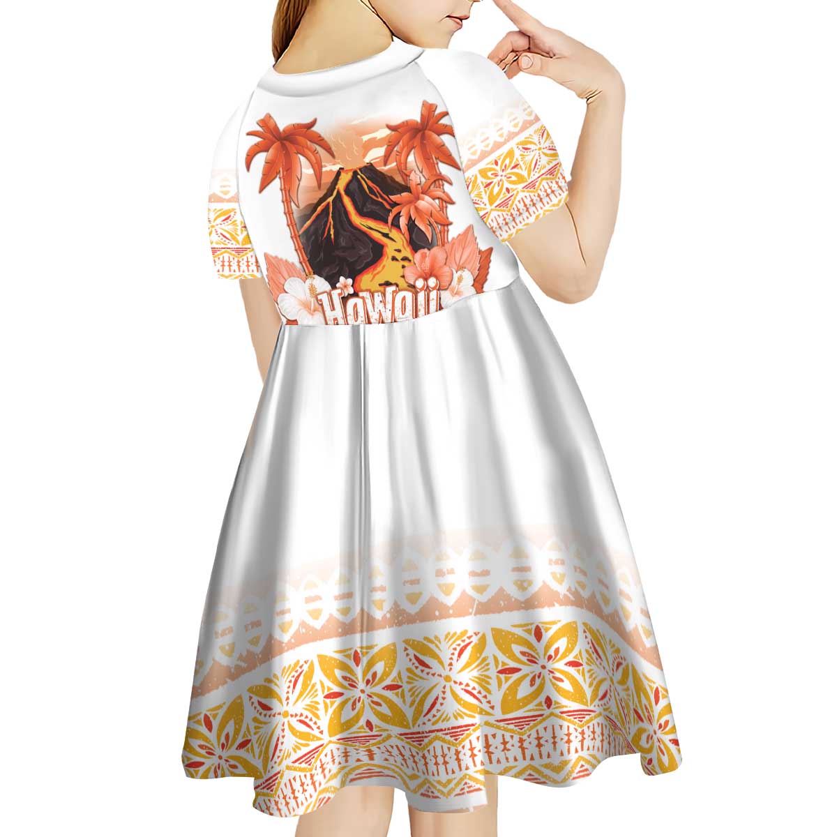 Hawaiian Volcano Lava Flow Kid Short Sleeve Dress With Hawaiian Tapa Pattern LT05 - Polynesian Pride