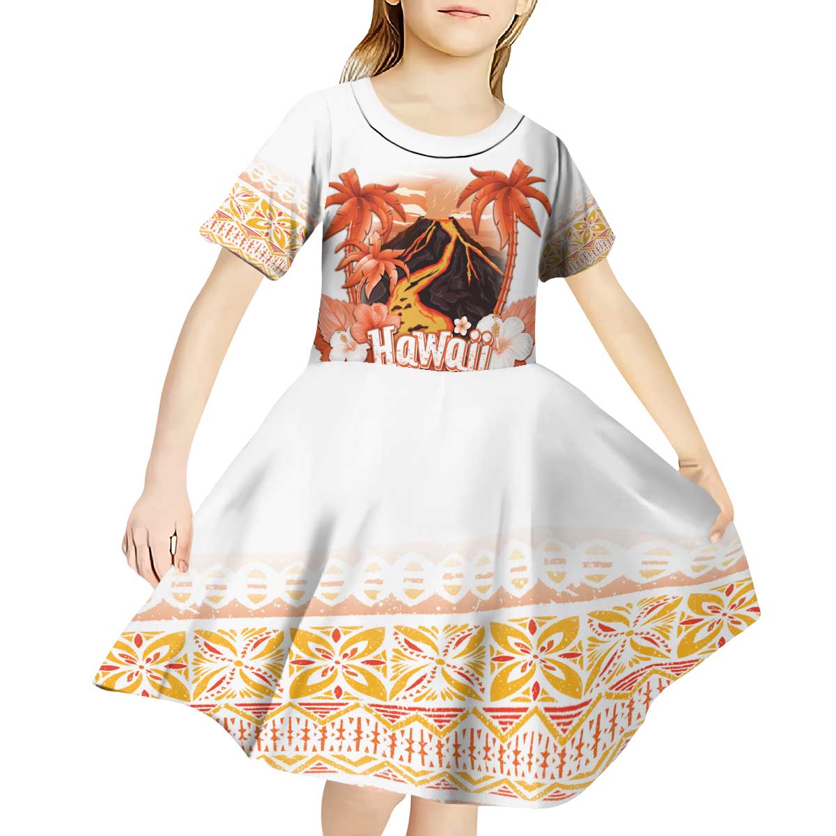 Hawaiian Volcano Lava Flow Kid Short Sleeve Dress With Hawaiian Tapa Pattern LT05 - Polynesian Pride