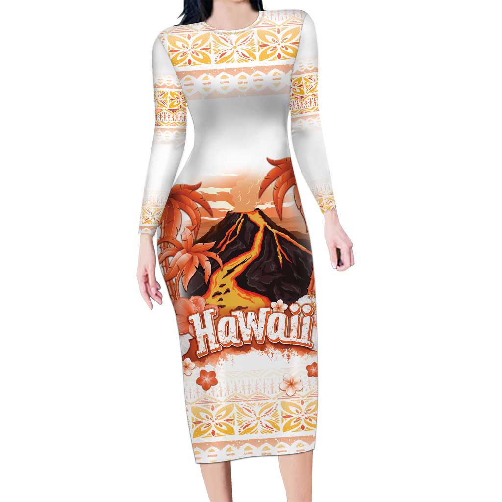 Hawaiian Volcano Lava Flow Long Sleeve Bodycon Dress With Hawaiian Tapa Pattern LT05 Long Dress Orange - Polynesian Pride
